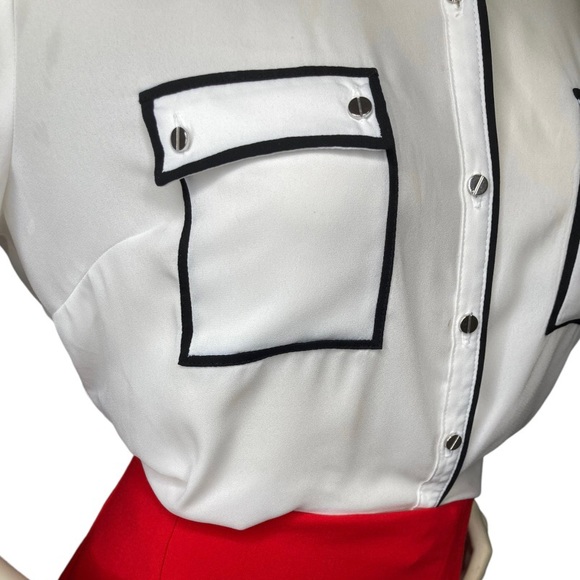 7TH AVENUE NEW YORK & COMPANY White & Black Button Up Long Sleeve Blouse Shirt,L - Picture 5 of 16